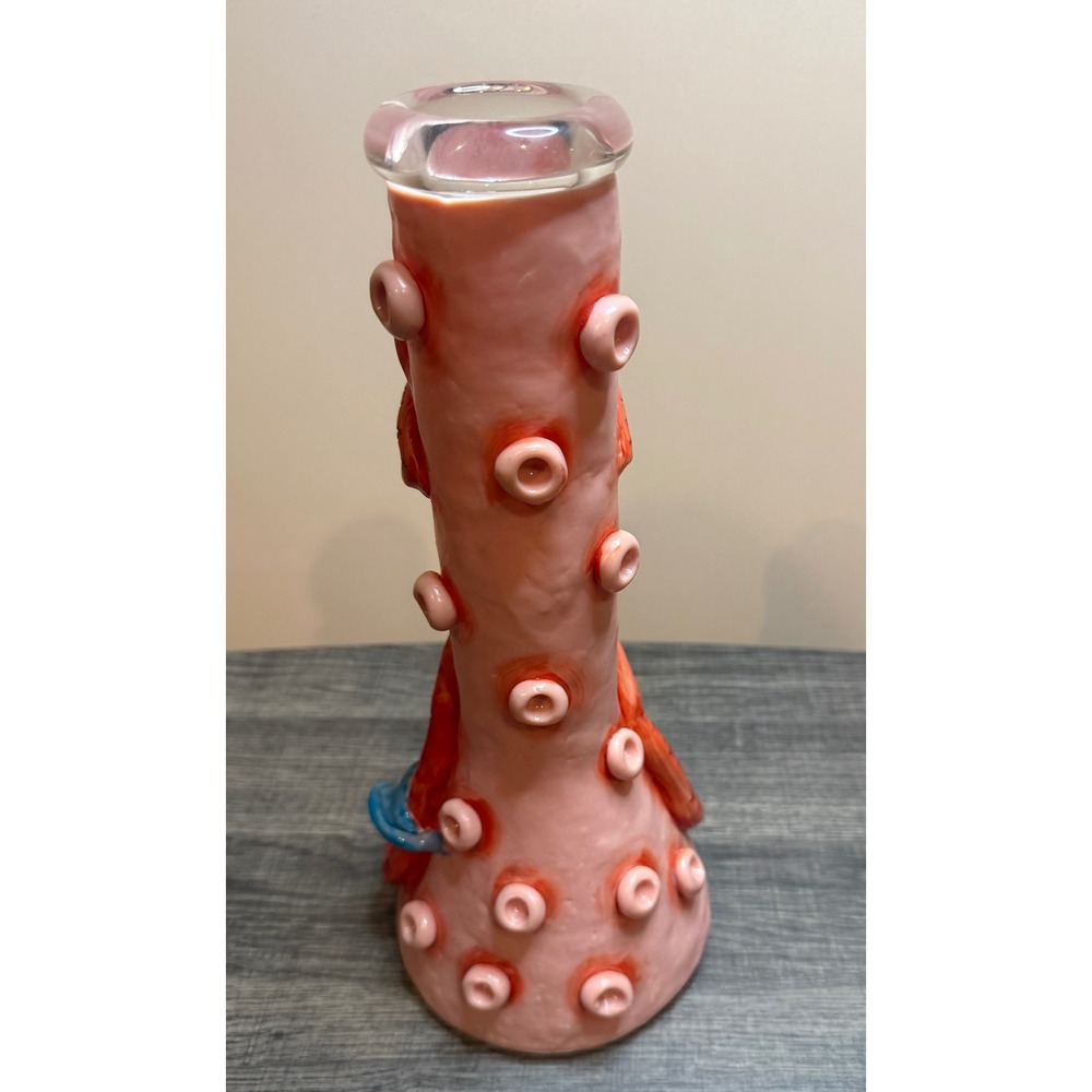 Monster Glass Water Pipe Beaker Horror Eye Teeth Handcrafted Pink Red 10 Inch - Picture 4 of 5